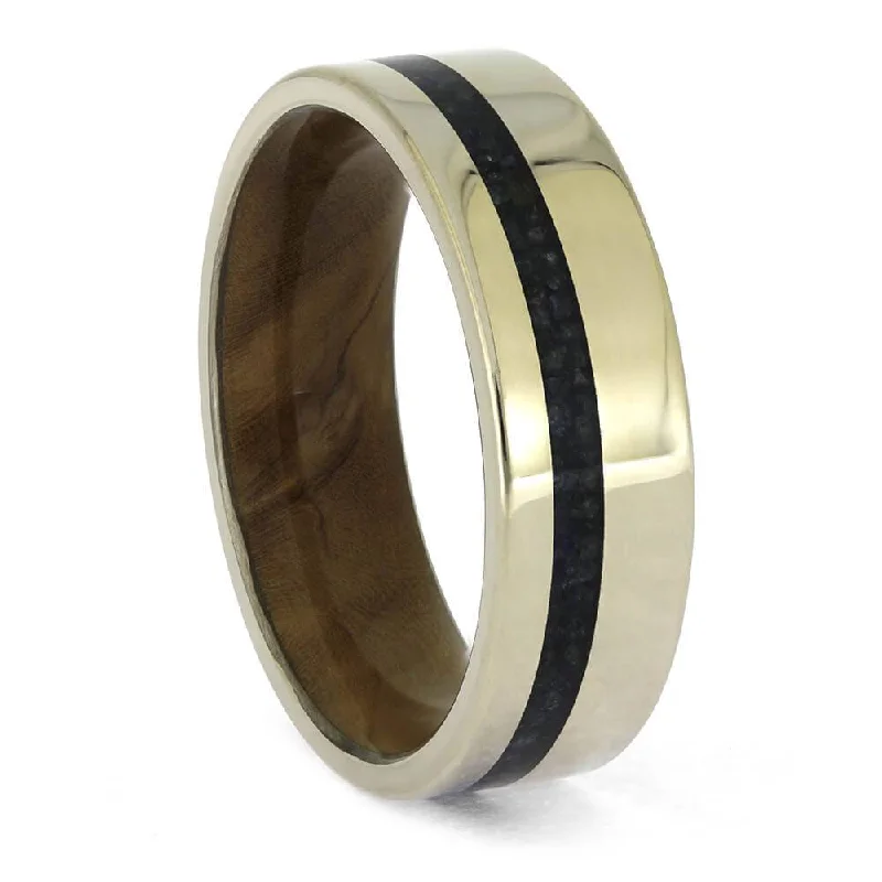 Gold Ring Featuring an Inlay of Blue Diamonds and Wood Sleeve