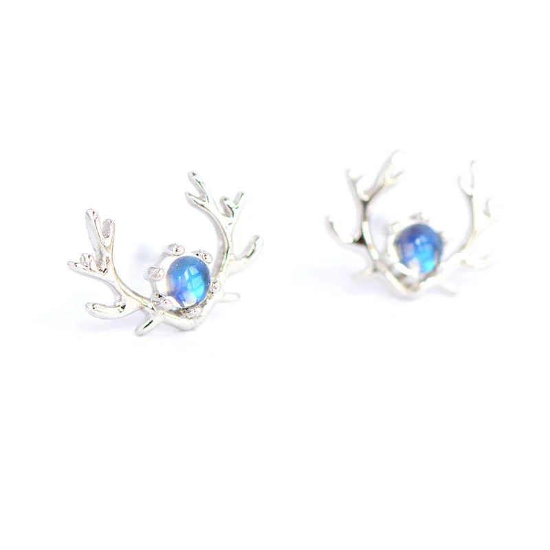 Moonstone Elk shaped Stud Earrings in White Gold Plated Sterling Silver Jewelry Accessories Women