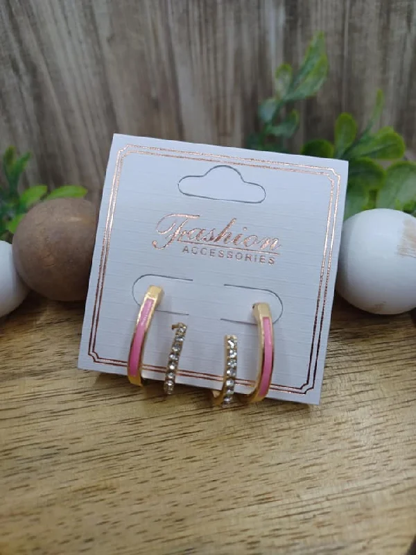 Gold Double Hoop Earrings w/ Pink Detail