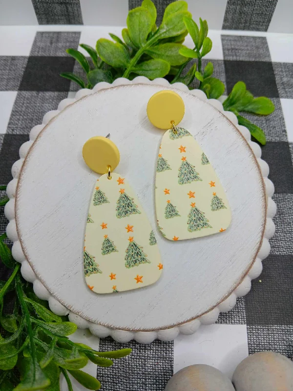 Yellow Clay Style Earrings w/ Christmas Tree Print