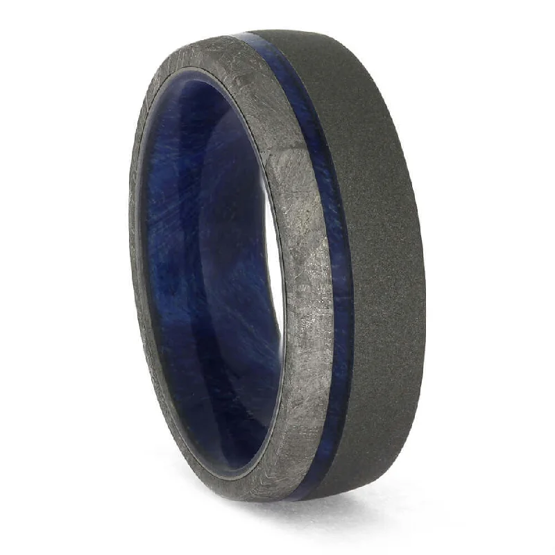 Titanium Ring with Meteorite and Blue Box Elder Burl