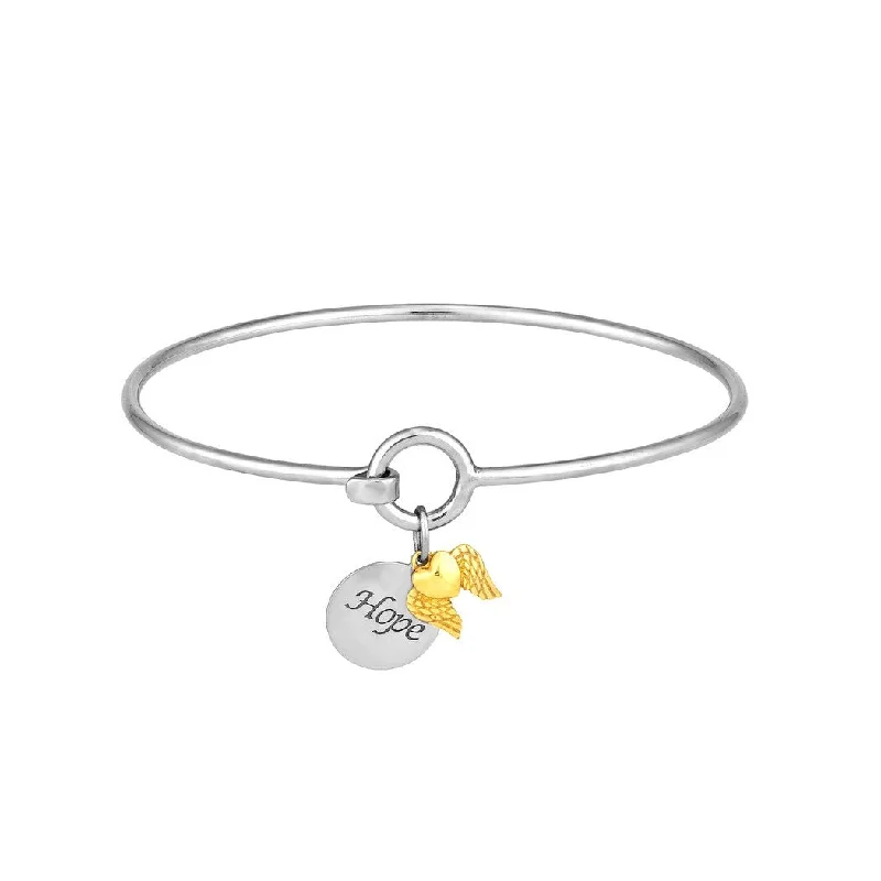 Curata 925 Sterling Silver and 14k Yellow Gold 7" Dangling Wings HOPE Disk Hook Bangle