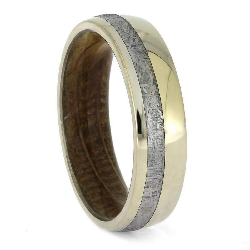 White Gold Ring with Meteorite Pinstripe and Wood Sleeve