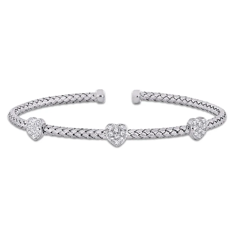 Miadora 4/5ct TGW Cubic Zirconia Weave Design Heart Station Open Bangle in Sterling Silver - 7 in - 7 in x 6.5 mm