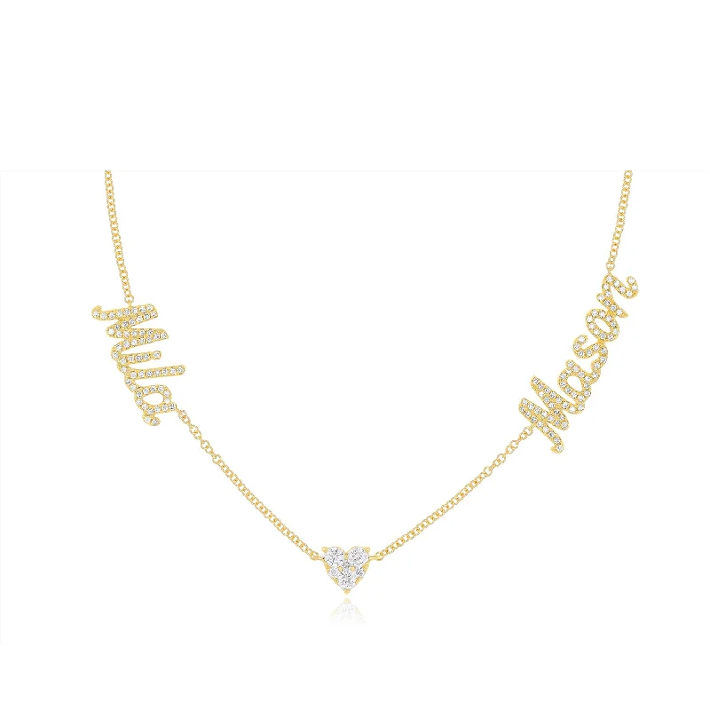 Full Cut Heart Double Diamond Script Name Necklace