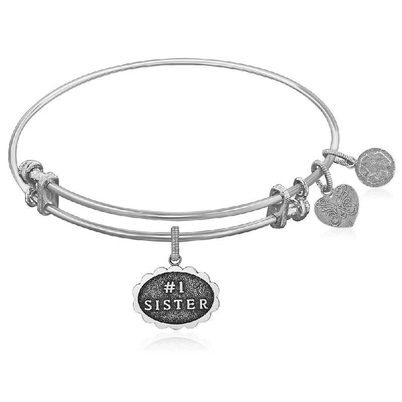 Expandable White Tone Brass Bangle with #1 Sister Symbol