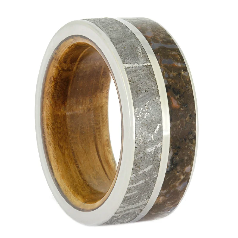 Meteorite and Dinosaur Bone Wedding Band with Whiskey Oak Sleeve