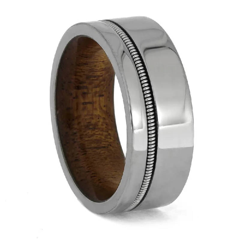 Polished Titanium Ring with Guitar String and Mahogany Sleeve