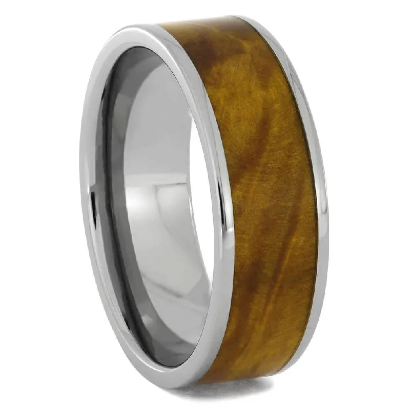 Gold Burl Wood Wedding Band in Polished Titanium