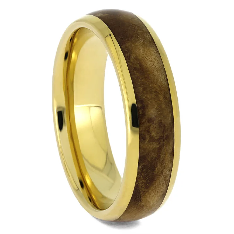 Yellow Gold Wedding Band with Black Ash Burl Wood