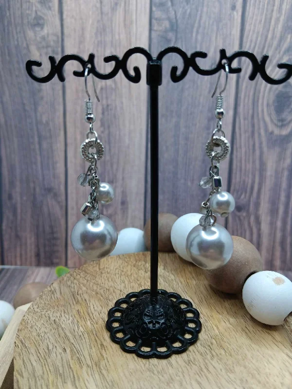 Silver Earrings w/ Grey Drop Beading