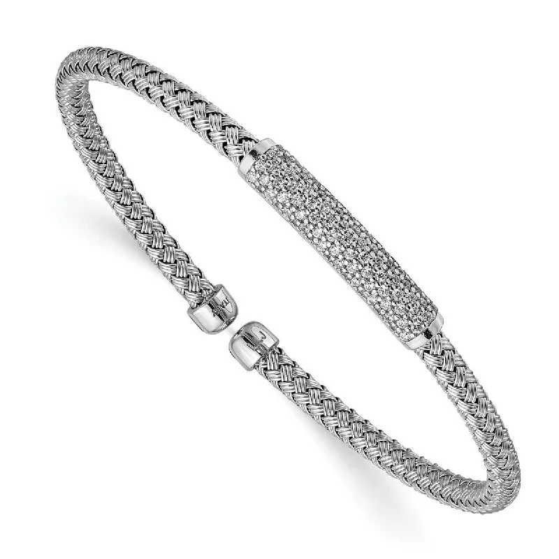 Curata 0.67mm 925 Sterling Silver Rhod Plat Polished CZ Cubic Zirconia Simulated Diamond Woven Flexible Cuff Stackable Bangle