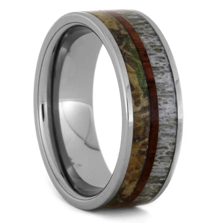 Tungsten Ring with Antler, King Wood, and Camo Inlays