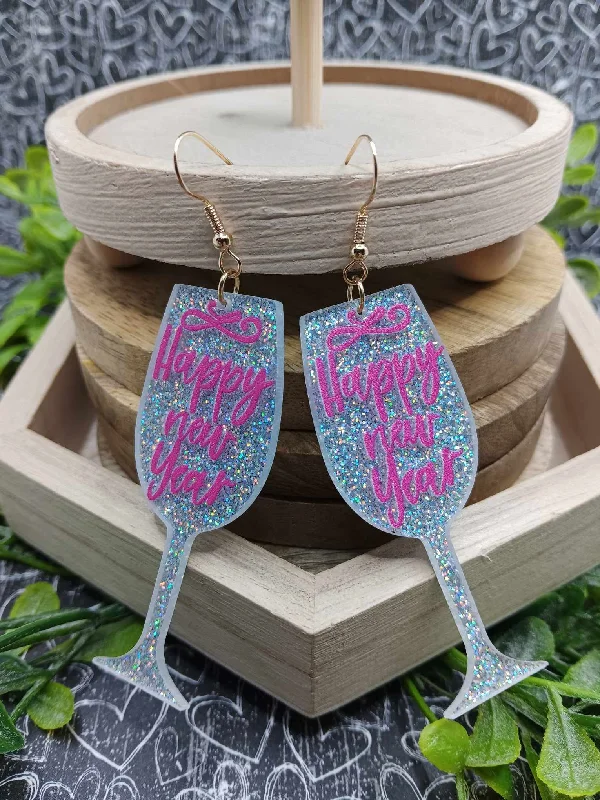 Happy New Years Glitter Glass Earrings