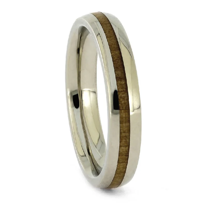 White Gold Wedding Band with Birch Wood Inlay