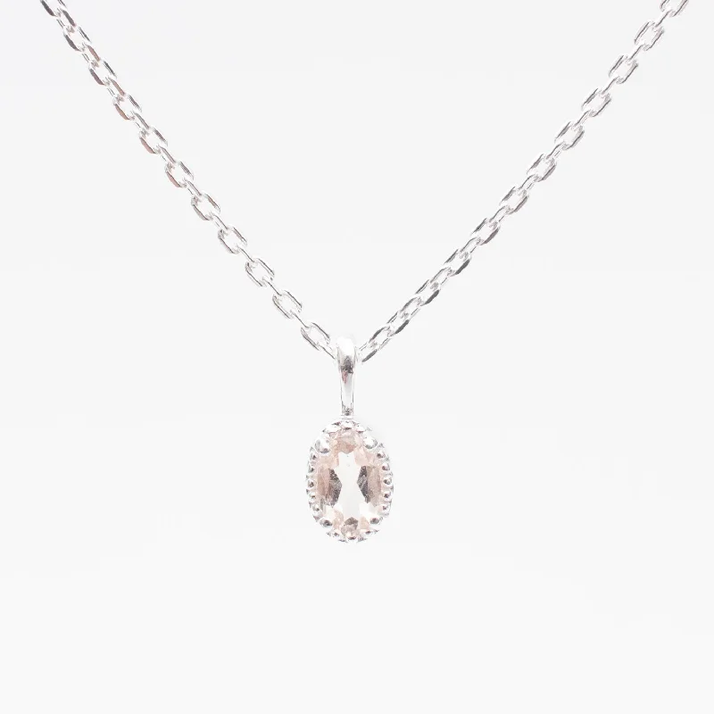 Silver Oval Milgrain Edge Morganite Necklace