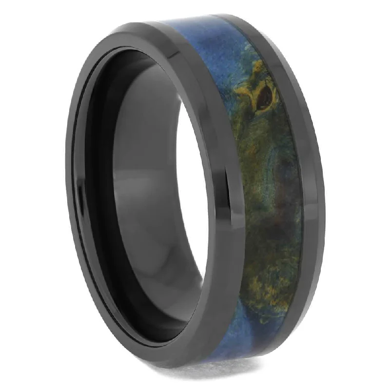 Black Ceramic Wedding Band with Blue Wood Inlay