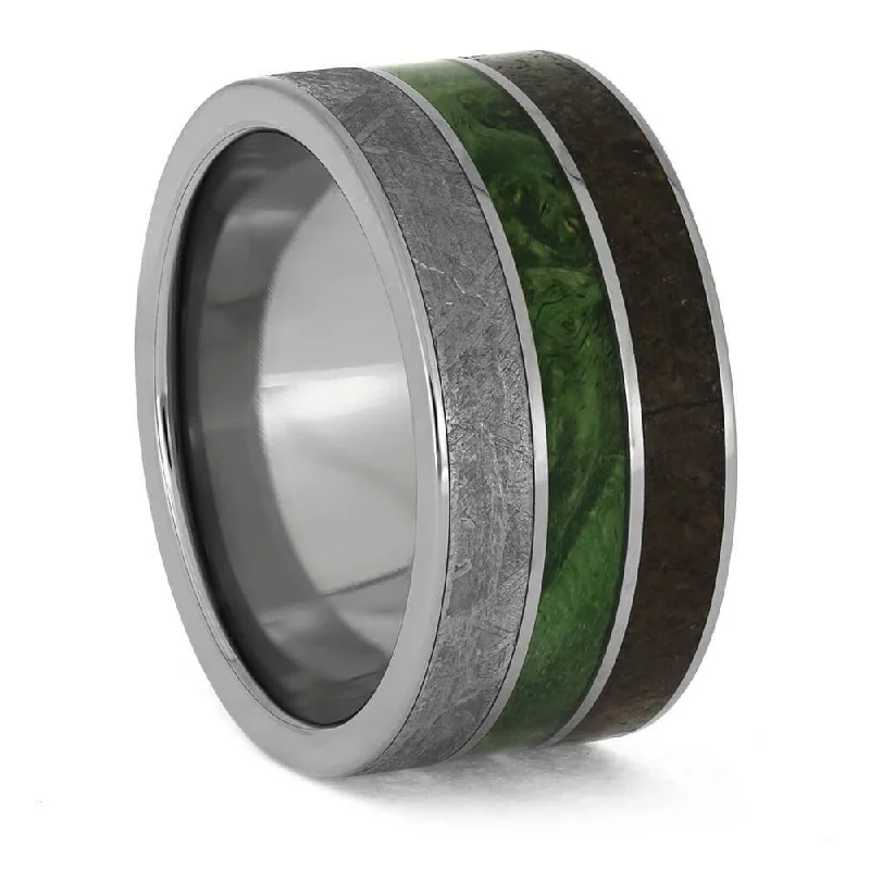 Brilliant Green Wood Ring with Dinosaur Bone and Meteorite