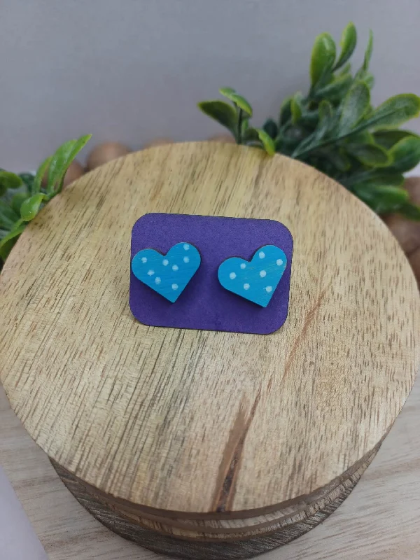 Blue Wooden Heart Earrings w/ White Polka Dots