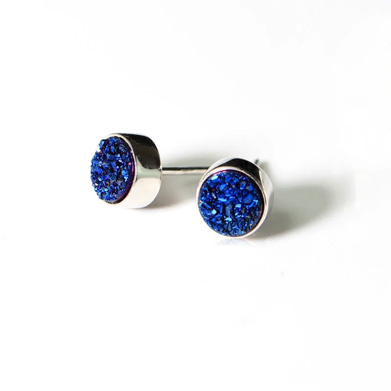 Blue Crystal Druse Drusy Stud Earrings in Sterling Silver Jewelry Accessories Women