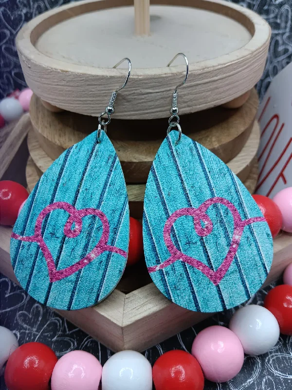 Blue Wood Style Earrings w/ Pink Heart