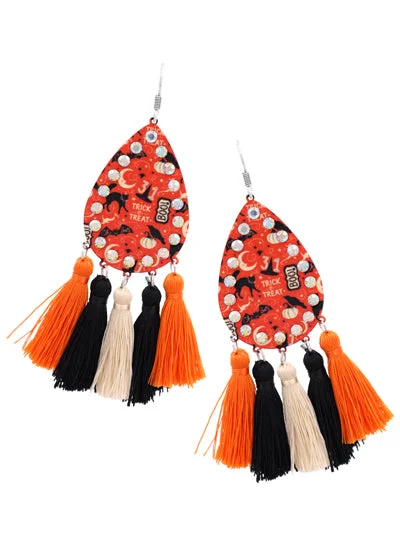 Orange Halloween Printed Earrings w/ Orange, Black, & Beige Tassels