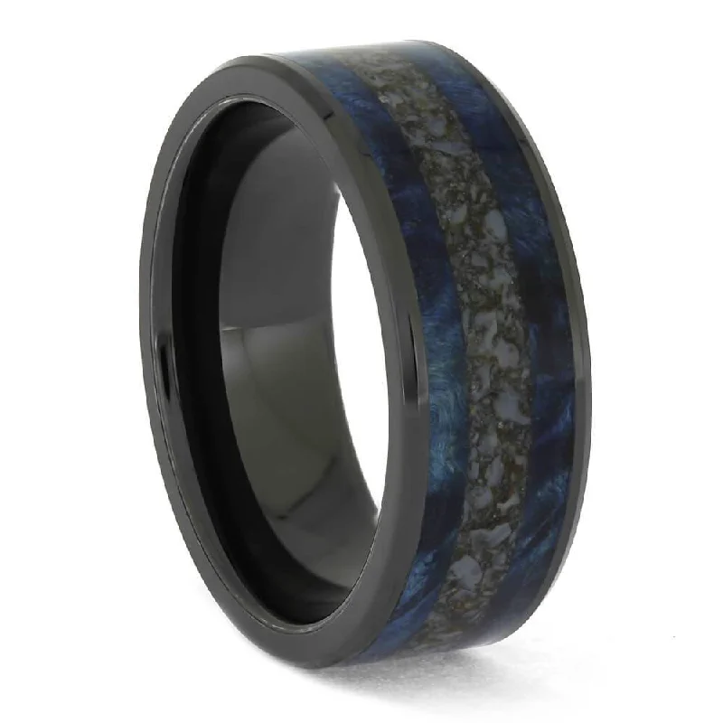 Blue Wood and Dinosaur Bone Ring in Black Ceramic