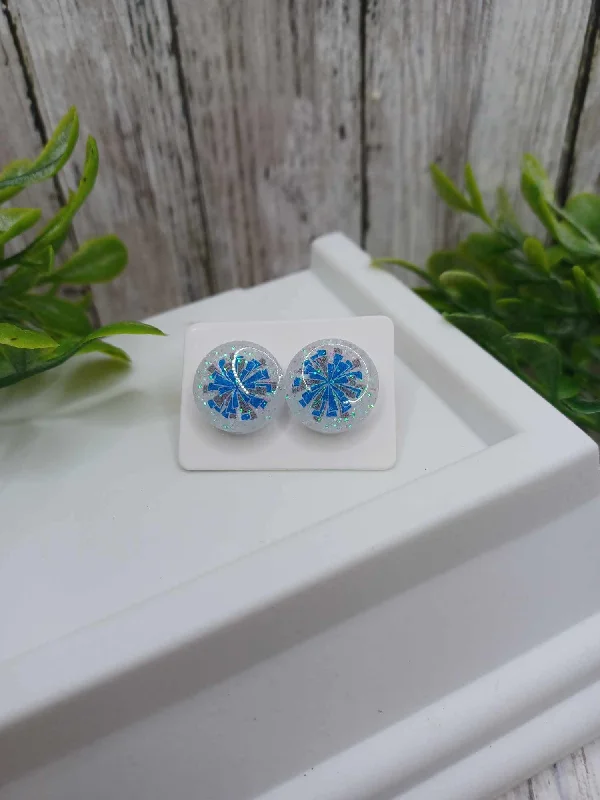 Blue & White Cheer Glitter Pom Earrings