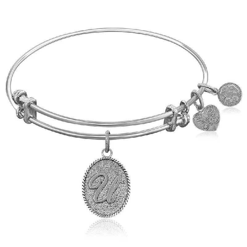 Expandable Bangle in White Tone Brass with Initial U Symbol