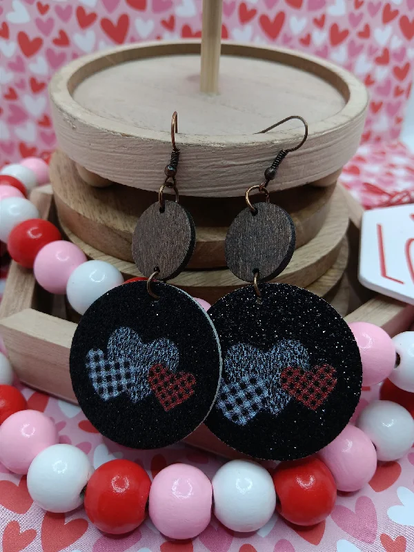 Triple Heart Earrings w/ Wooden & Leather Style Accents