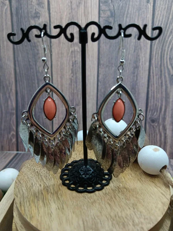 Silver Earrings w/ Coral Center & Silver Dangles