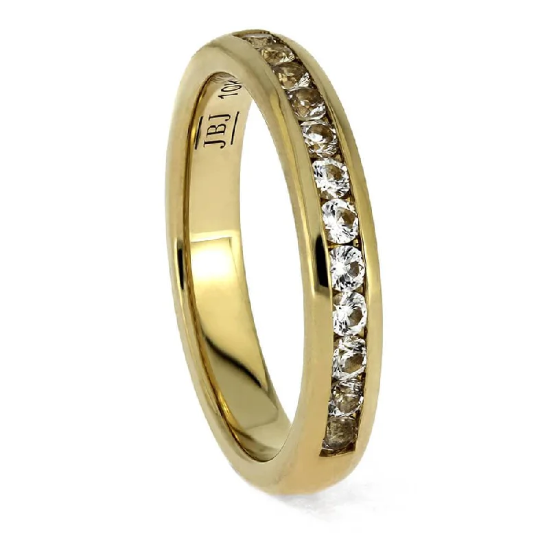 Channel Set White Sapphire Ring in Yellow Gold