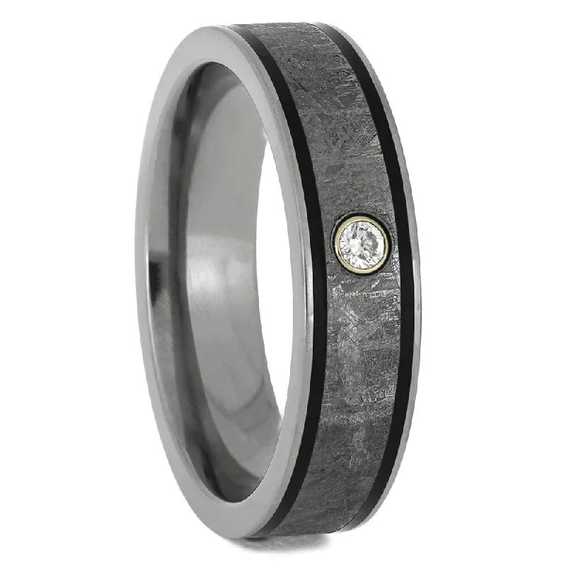 Meteorite Wedding Band with Bezel Solitaire Diamond