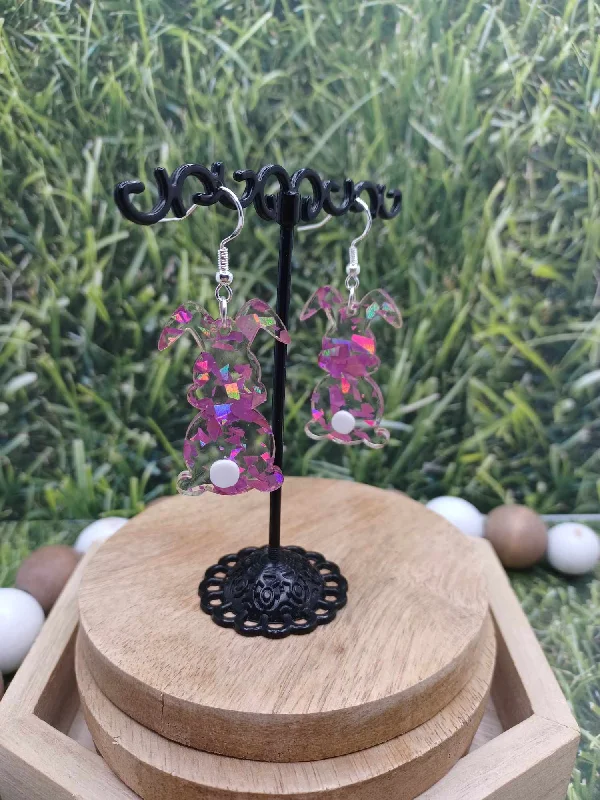 Pink Glitter Bunny Earrings w/ Bunny Tails