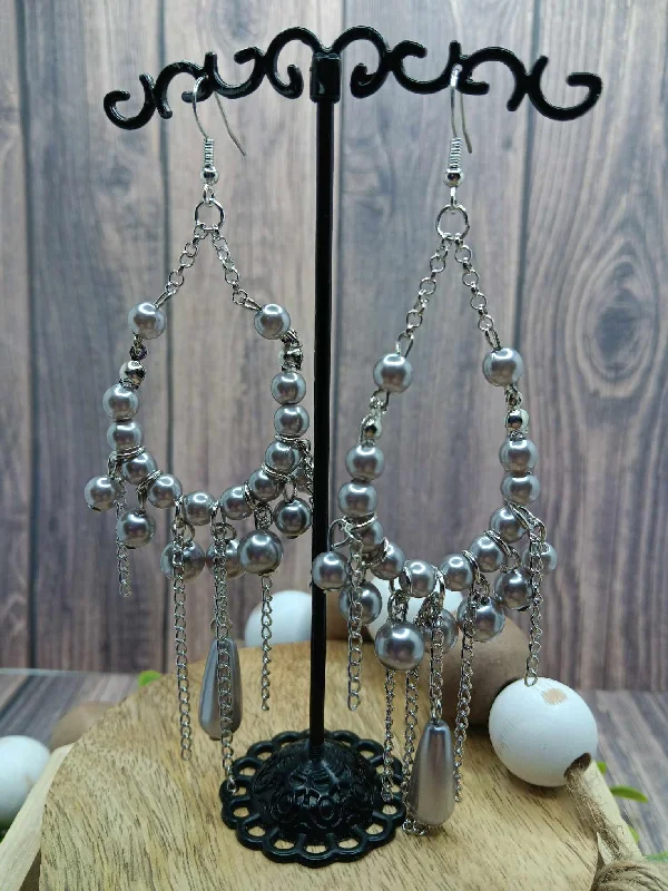 Silver Drop Earrings w/ Grey Pearl Beading