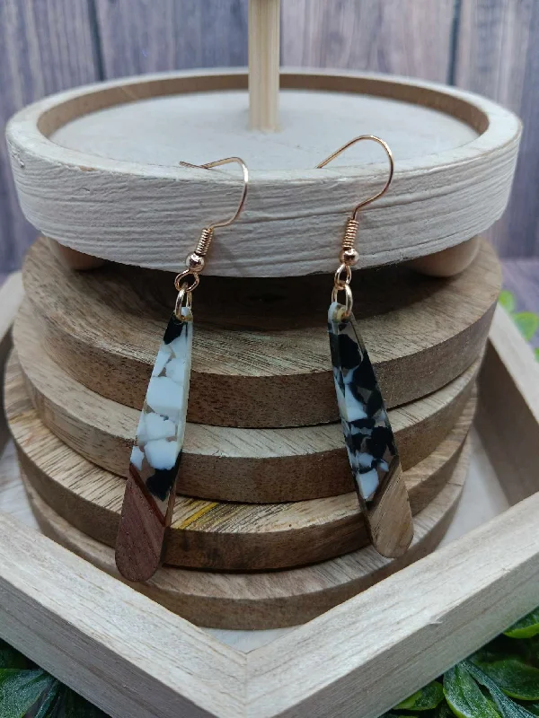 White & Brown Marbled Acrylic & Wooden Drop Earrings