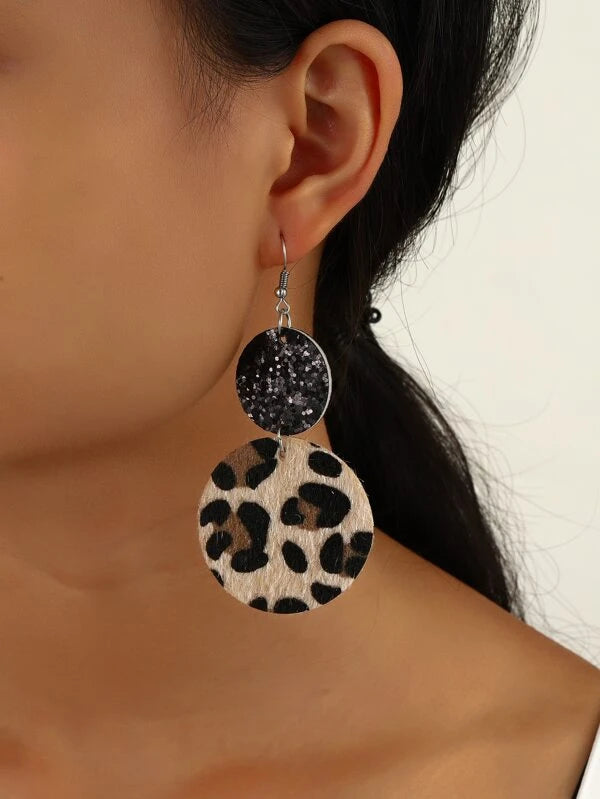 Black Glitter & Leopard Leather Style Earrings