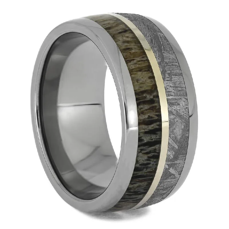 Meteorite and Antler Men's Ring with Gold Pinstripe