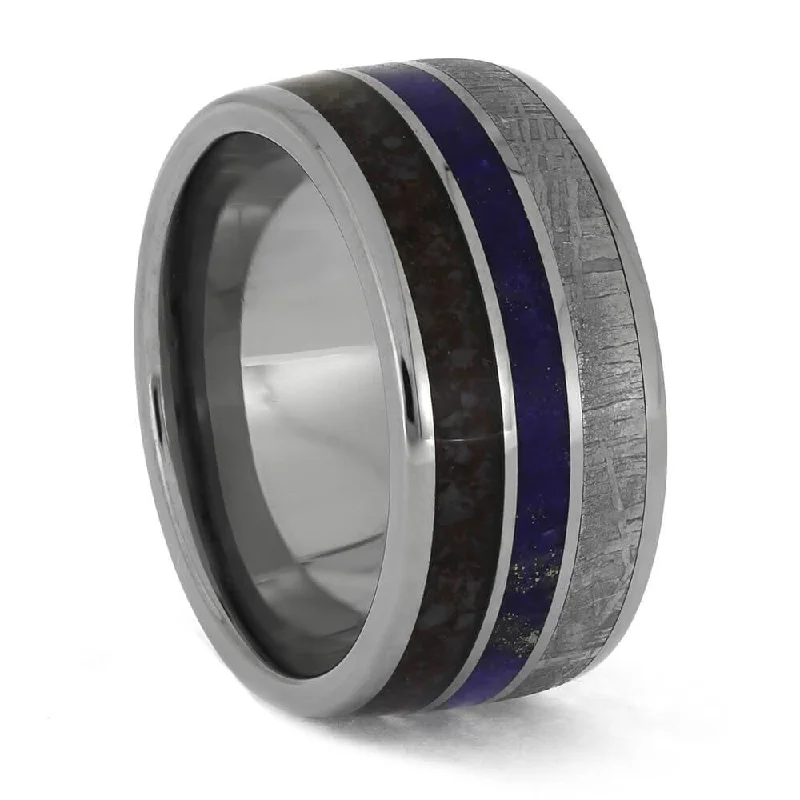 Wide Ring Featuring Purple Dinosaur Bone, Meteorite, and Lapis