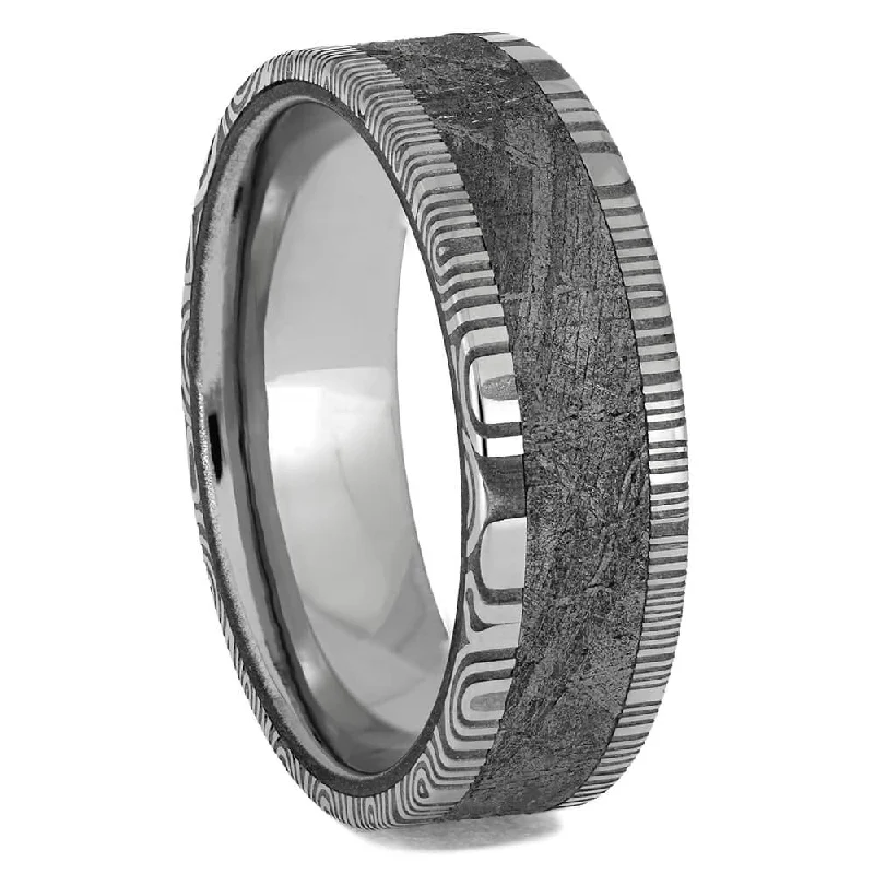 Meteorite Ring with Damascus Steel Edges