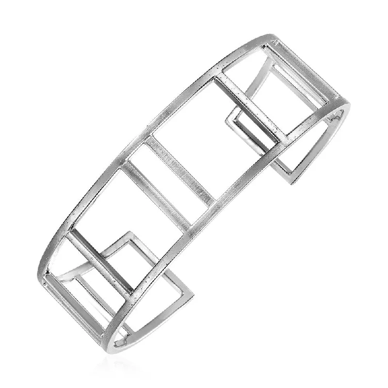 Textured Open Square Motif Cuff Bangle in Sterling Silver