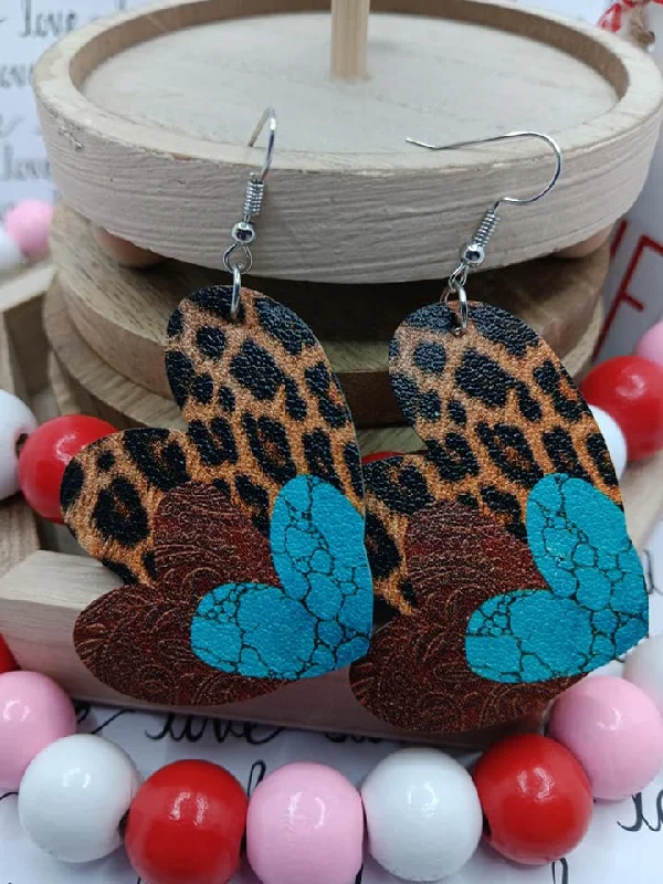 Triple Heart Leather Style Earrings - Leopard, Brown, & Turquoise Hearts