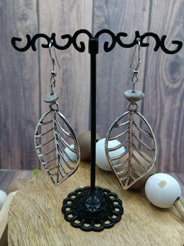 Silver Leaf Earrings w/ Grey Beaded Detail