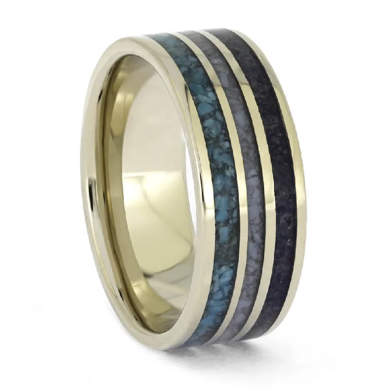 Men's Blue Wedding Band with Opal, Turquoise, and Sapphire Inlays