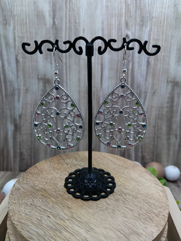 Sllver Teardrop Earrings w/ Multicolored Rhinestones