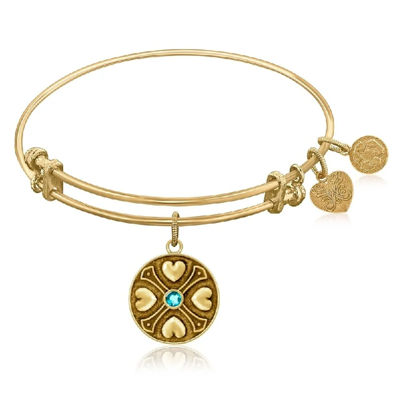 Expandable Bangle in Yellow Tone Brass with Blue Topaz December Symbol