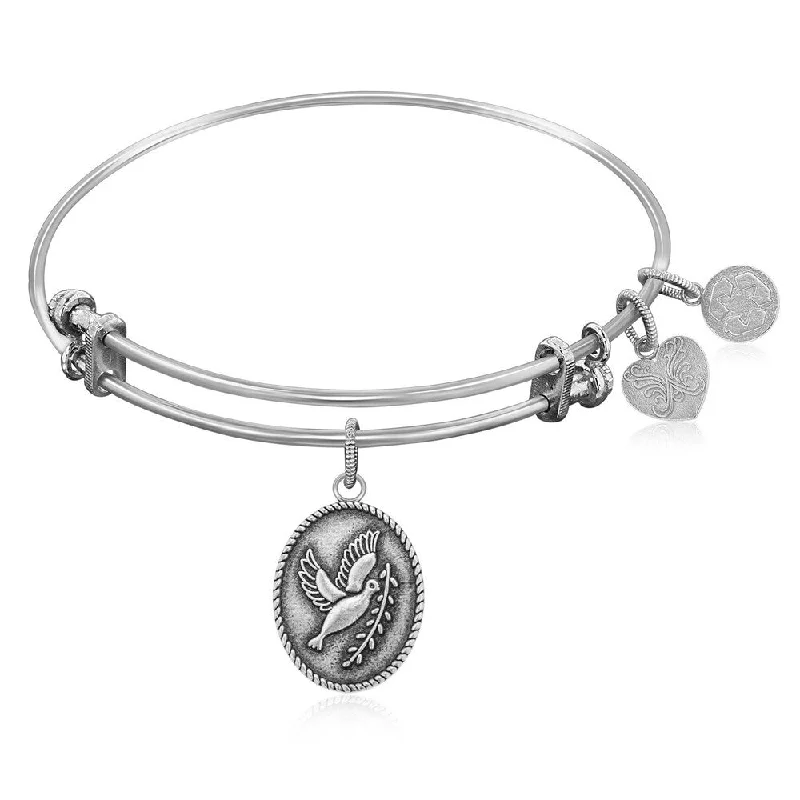 Expandable Bangle in White Tone Brass with Peace Symbol