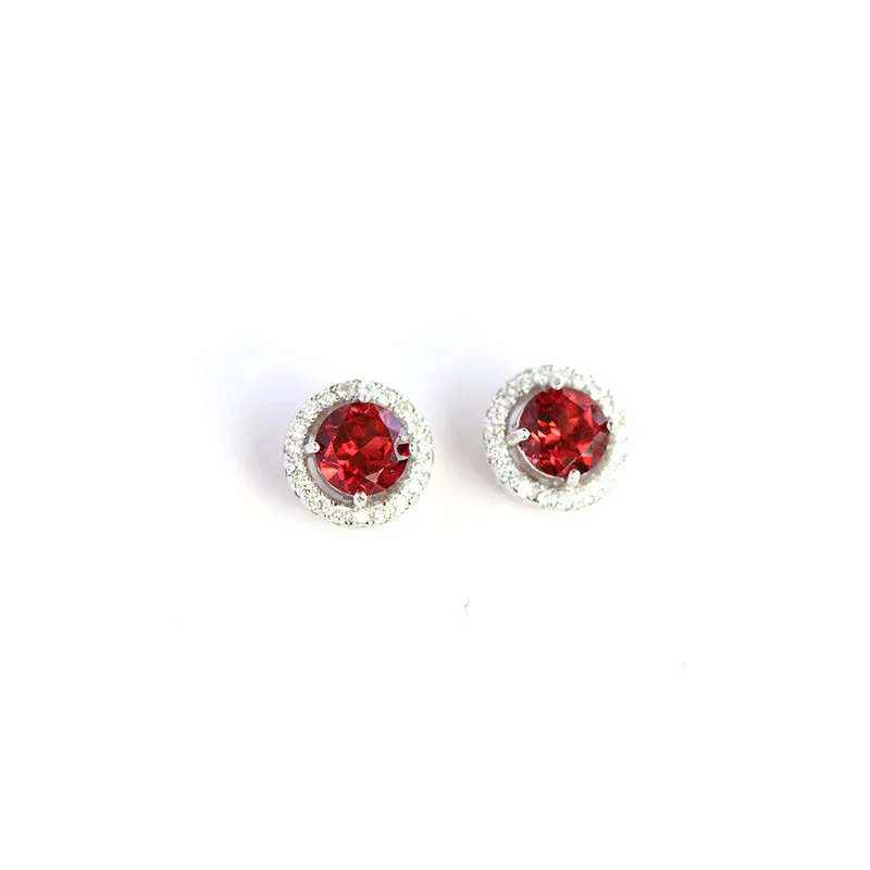 Garnet and Zircon Stud Earrings in White Gold Plated Sterling Silver Handmade Jewelry Women