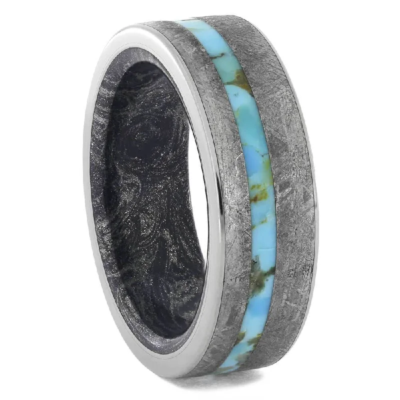 Turquoise and Meteorite Wedding Band with Mokume Sleeve