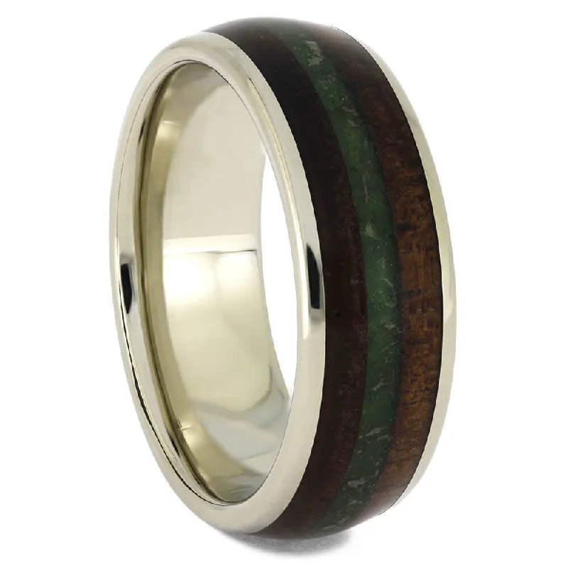 White Gold Ring With Green Sand & Koa Wood